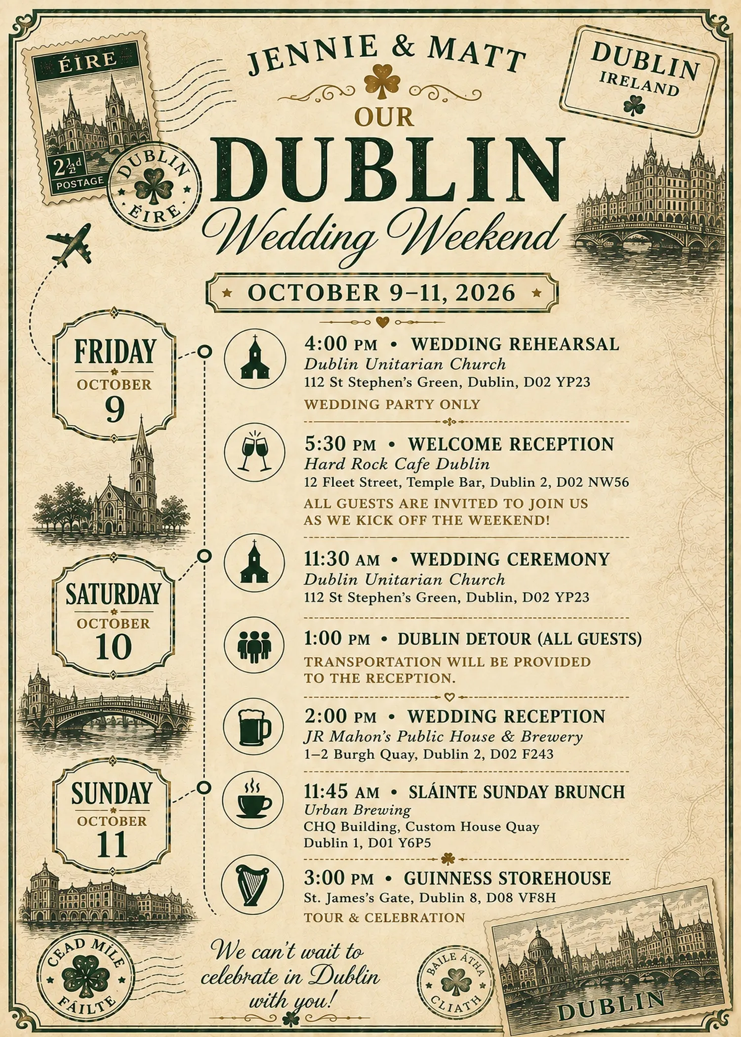 Jennie & Matt's Dublin Wedding Weekend itinerary, October 9-11, 2026